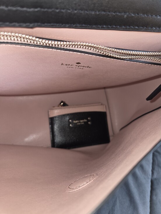 black leather backpack with pink with stipes Kate Spade Black Leather Backpack With Pink Interior And Matching Card  Holder